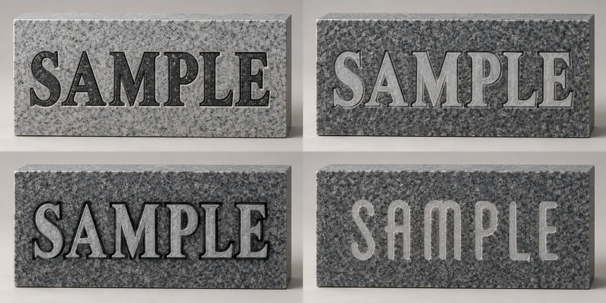 AI-generated Polished outline example reading Sample: Dark polished letter faces with recessed outlines against pale frosted granite